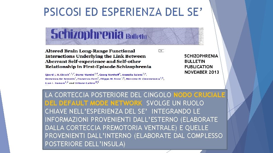 PSICOSI ED ESPERIENZA DEL SE’ SCHIZOPHRENIA BULLETIN PUBLICATION NOVEMBER 2013 LA CORTECCIA POSTERIORE DEL