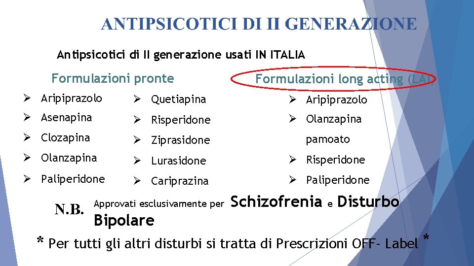 Antipsicotici di II generazione usati IN ITALIA Formulazioni pronte Formulazioni long acting (LAI) Ø