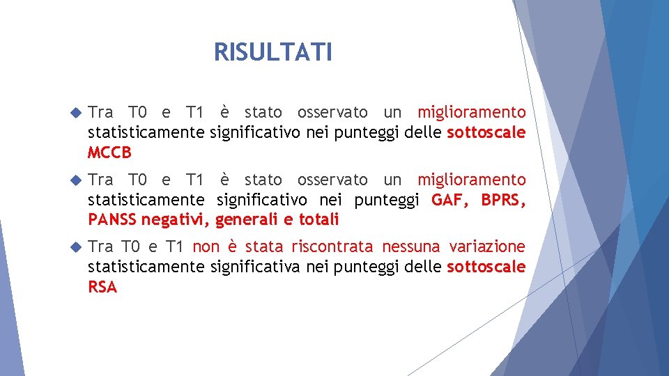 RISULTATI Tra T 0 e T 1 è stato osservato un miglioramento statisticamente significativo