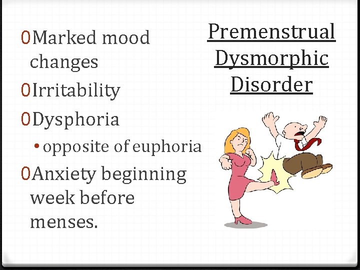 0 Marked mood changes 0 Irritability 0 Dysphoria • opposite of euphoria 0 Anxiety