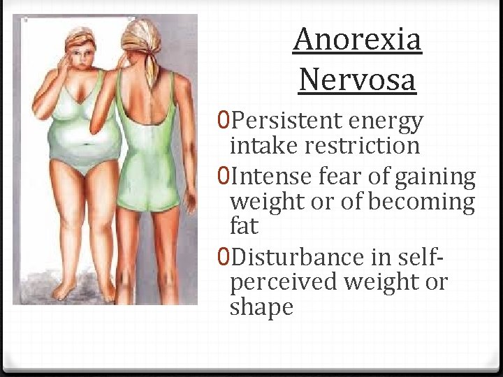 Anorexia Nervosa 0 Persistent energy intake restriction 0 Intense fear of gaining weight or