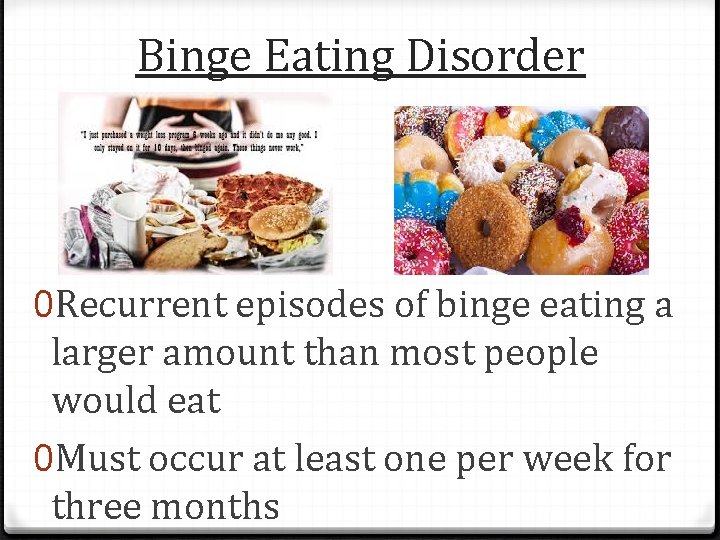 Binge Eating Disorder 0 Recurrent episodes of binge eating a larger amount than most