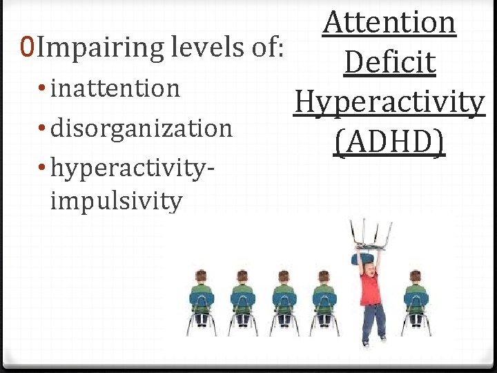Attention 0 Impairing levels of: Deficit • inattention Hyperactivity • disorganization (ADHD) • hyperactivityimpulsivity