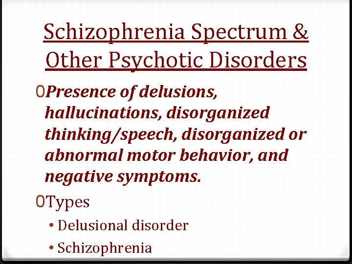 Schizophrenia Spectrum & Other Psychotic Disorders 0 Presence of delusions, hallucinations, disorganized thinking/speech, disorganized