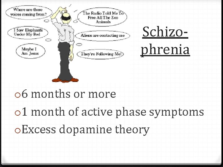 Schizophrenia o 6 months or more o 1 month of active phase symptoms o.