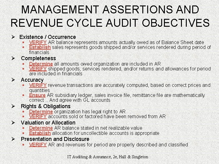 MANAGEMENT ASSERTIONS AND REVENUE CYCLE AUDIT OBJECTIVES Ø Existence / Occurrence § VERIFY AR
