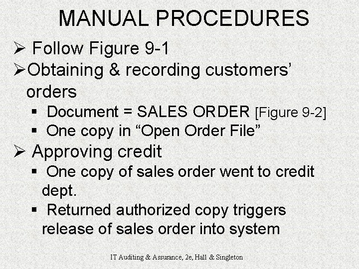 MANUAL PROCEDURES Ø Follow Figure 9 -1 ØObtaining & recording customers’ orders § Document