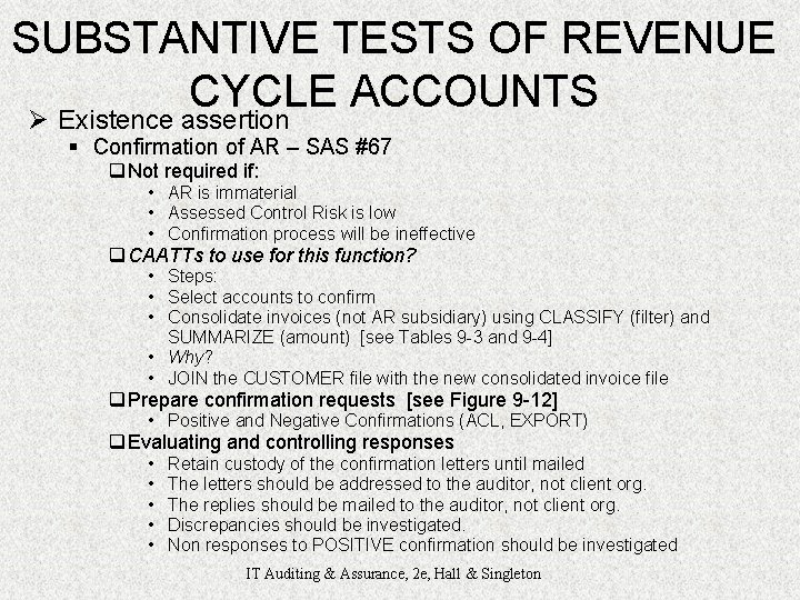 SUBSTANTIVE TESTS OF REVENUE CYCLE ACCOUNTS Ø Existence assertion § Confirmation of AR –