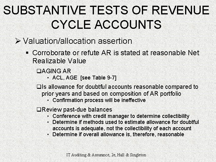 SUBSTANTIVE TESTS OF REVENUE CYCLE ACCOUNTS Ø Valuation/allocation assertion § Corroborate or refute AR