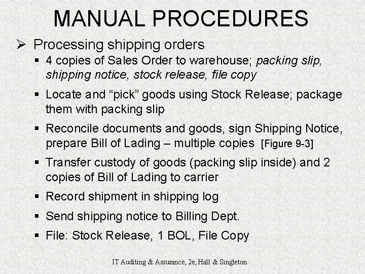 MANUAL PROCEDURES Ø Processing shipping orders § 4 copies of Sales Order to warehouse;