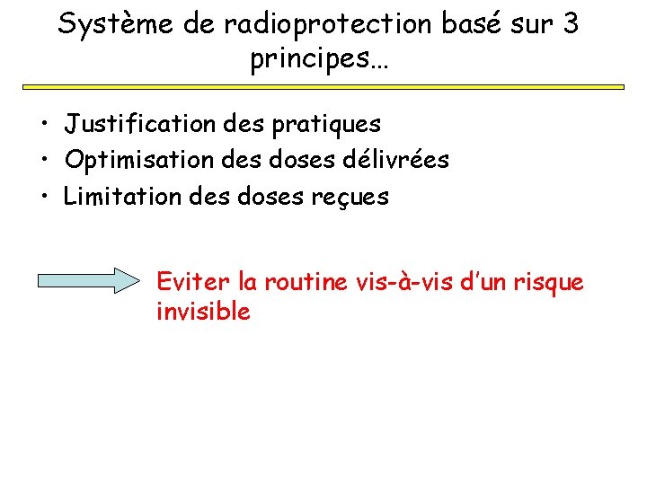 Système de radioprotection basé sur 3 principes… • Justification des pratiques • Optimisation des Système de radioprotection basé sur 3 principes… • Justification des pratiques • Optimisation des