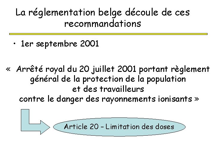 La réglementation belge découle de ces recommandations • 1 er septembre 2001 « Arrêté