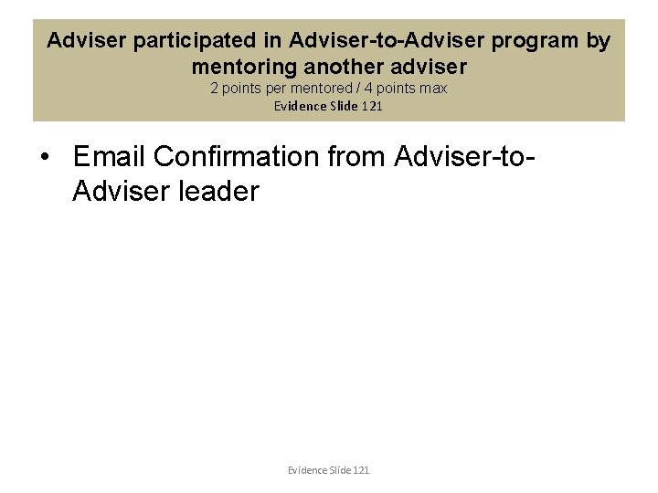 Adviser participated in Adviser-to-Adviser program by mentoring another adviser 2 points per mentored /