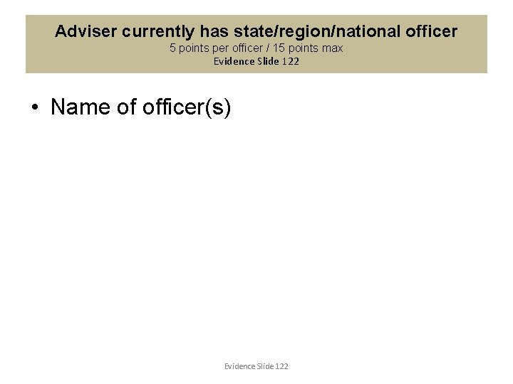 Adviser currently has state/region/national officer 5 points per officer / 15 points max Evidence