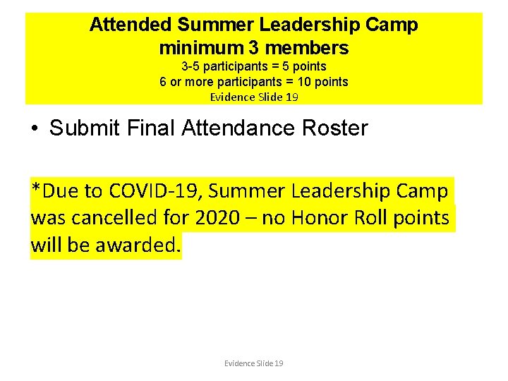 Attended Summer Leadership Camp minimum 3 members 3 -5 participants = 5 points 6