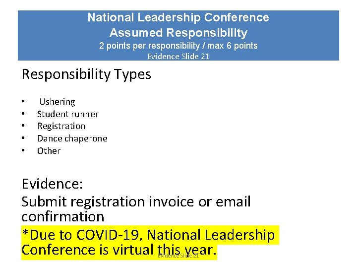 National Leadership Conference Assumed Responsibility 2 points per responsibility / max 6 points Evidence