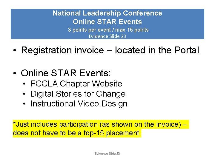 National Leadership Conference Online STAR Events 3 points per event / max 15 points