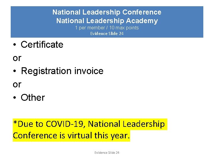 National Leadership Conference National Leadership Academy 1 per member / 10 max points Evidence