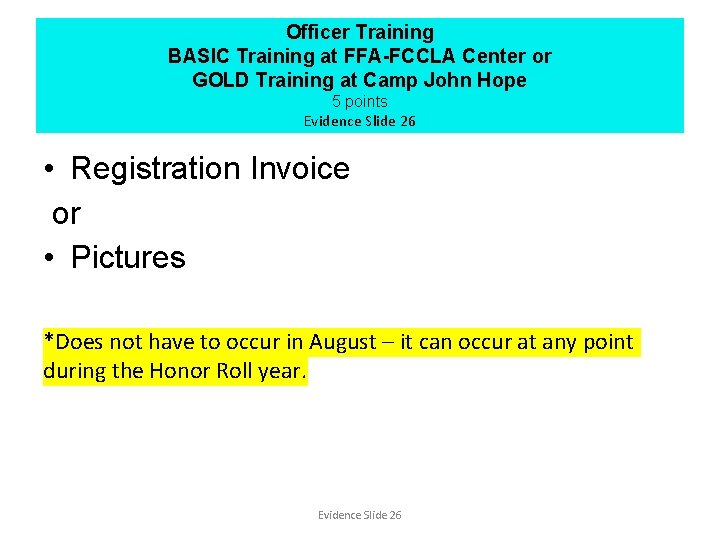 Officer Training BASIC Training at FFA-FCCLA Center or GOLD Training at Camp John Hope
