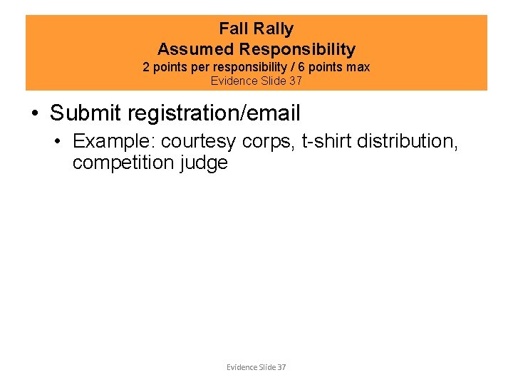 Fall Rally Assumed Responsibility 2 points per responsibility / 6 points max Evidence Slide