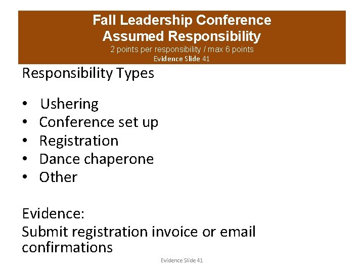 Fall Leadership Conference Assumed Responsibility 2 points per responsibility / max 6 points Evidence