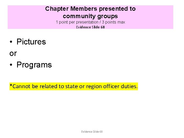 Chapter Members presented to community groups 1 point per presentation / 3 points max