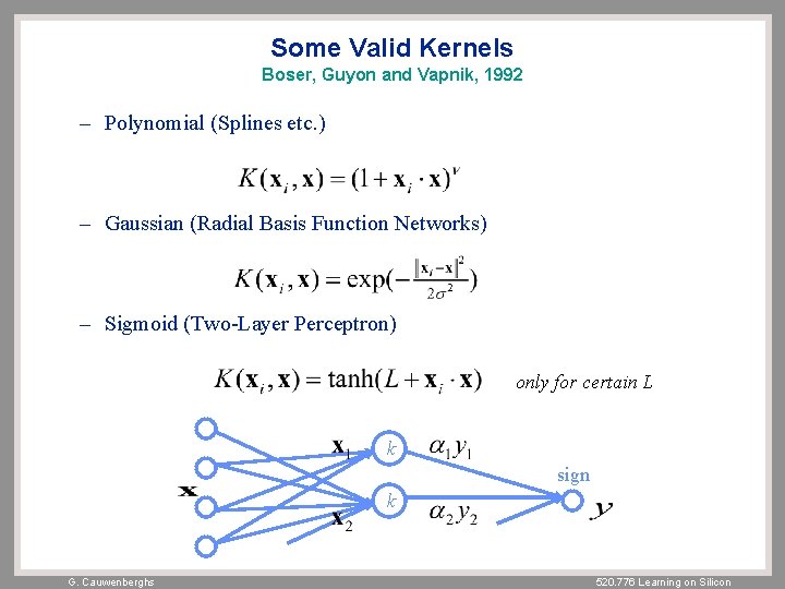 Some Valid Kernels Boser, Guyon and Vapnik, 1992 – Polynomial (Splines etc. ) –