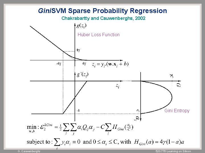 Gini. SVM Sparse Probability Regression Chakrabartty and Cauwenberghs, 2002 Huber Loss Function Gini Entropy