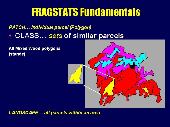 FRAGSTATS Fundamentals PATCH… individual parcel (Polygon) • CLASS… sets of similar parcels All Mixed FRAGSTATS Fundamentals PATCH… individual parcel (Polygon) • CLASS… sets of similar parcels All Mixed