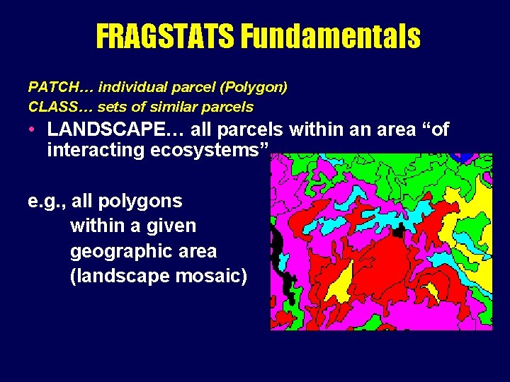 FRAGSTATS Fundamentals PATCH… individual parcel (Polygon) CLASS… sets of similar parcels • LANDSCAPE… all FRAGSTATS Fundamentals PATCH… individual parcel (Polygon) CLASS… sets of similar parcels • LANDSCAPE… all