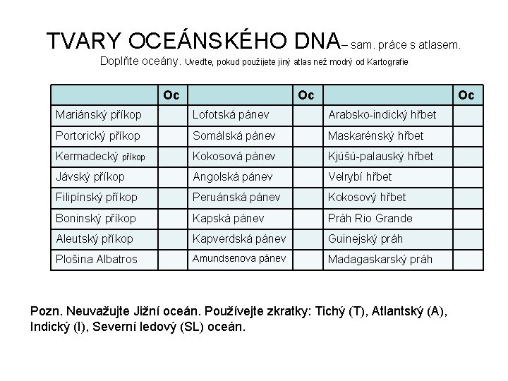 TVARY OCEÁNSKÉHO DNA– sam. práce s atlasem. Doplňte oceány. Uveďte, pokud použijete jiný atlas
