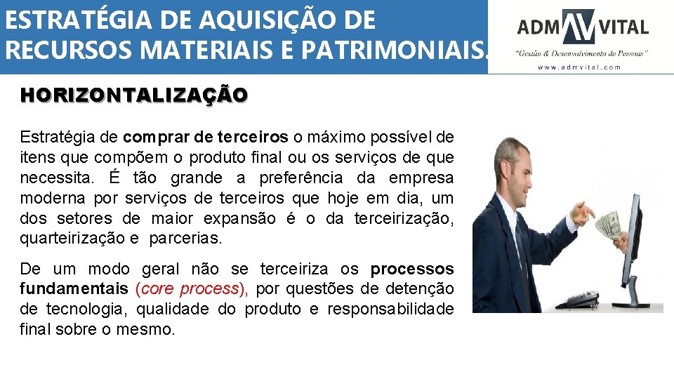 ESTRATÉGIA DE AQUISIÇÃO DE RECURSOS MATERIAIS E PATRIMONIAIS. HORIZONTALIZAÇÃO Estratégia de comprar de terceiros