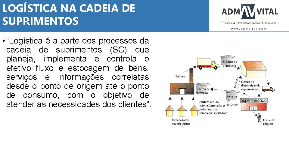 LOGÍSTICA NA CADEIA DE SUPRIMENTOS • “Logística é a parte dos processos da cadeia