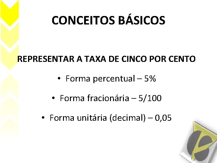 CONCEITOS BÁSICOS REPRESENTAR A TAXA DE CINCO POR CENTO • Forma percentual – 5%