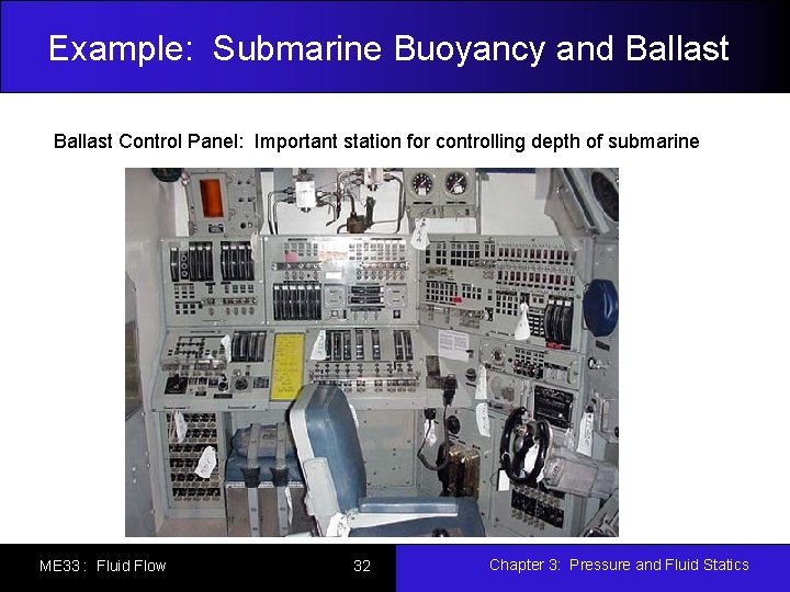 Example: Submarine Buoyancy and Ballast Control Panel: Important station for controlling depth of submarine