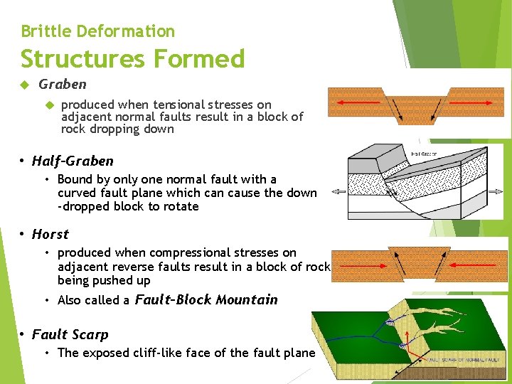 Brittle Deformation Structures Formed Graben produced when tensional stresses on adjacent normal faults result