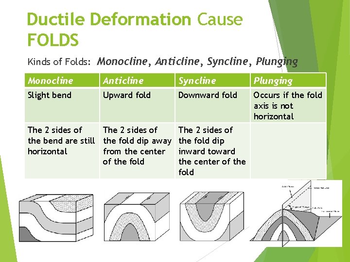 Ductile Deformation Cause FOLDS Kinds of Folds: Monocline, Anticline, Syncline, Plunging Monocline Anticline Syncline