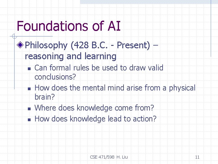 Foundations of AI Philosophy (428 B. C. - Present) – reasoning and learning n