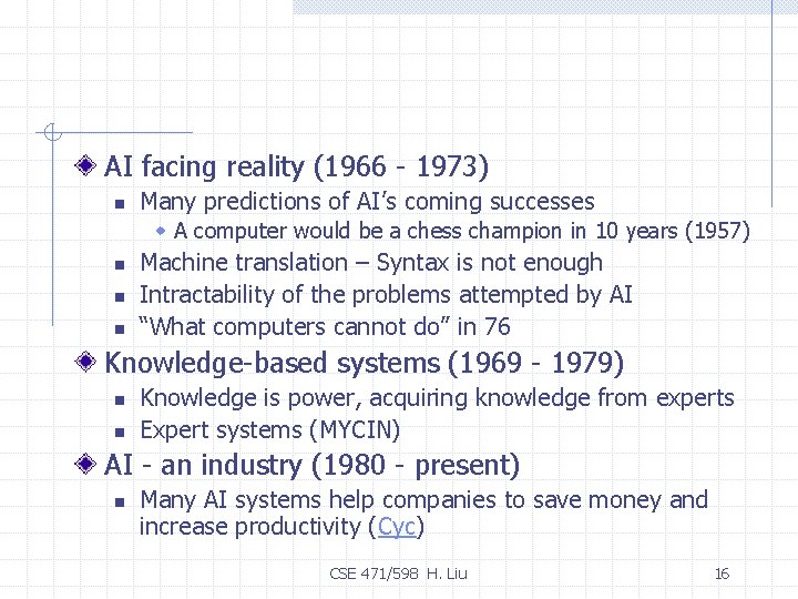 AI facing reality (1966 - 1973) n Many predictions of AI’s coming successes w