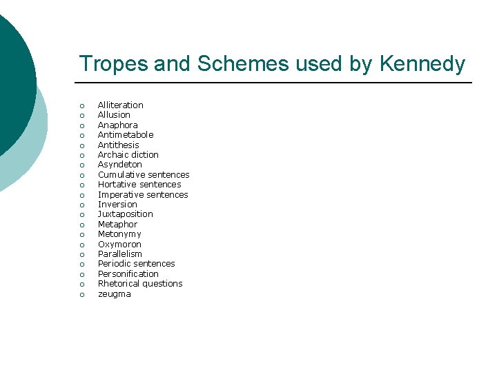 Tropes and Schemes used by Kennedy ¡ ¡ ¡ ¡ ¡ Alliteration Allusion Anaphora