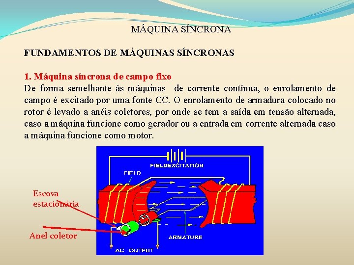 MÁQUINA SÍNCRONA FUNDAMENTOS DE MÁQUINAS SÍNCRONAS 1. Máquina síncrona de campo fixo De forma