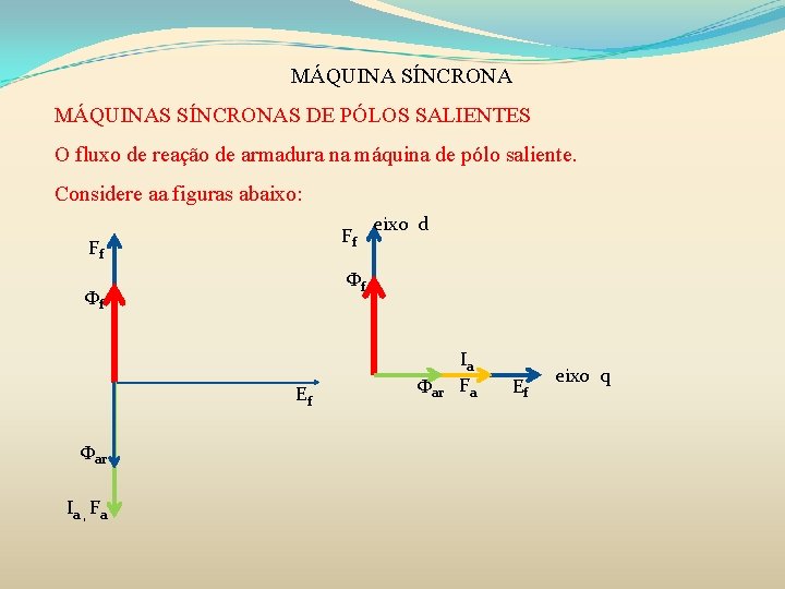 MÁQUINA SÍNCRONA MÁQUINAS SÍNCRONAS DE PÓLOS SALIENTES O fluxo de reação de armadura na