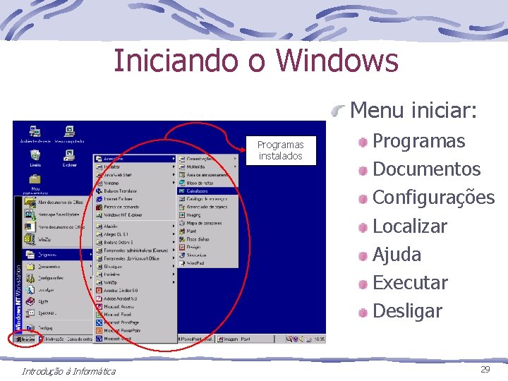 Iniciando o Windows Menu iniciar: Programas instalados Introdução à Informática Programas Documentos Configurações Localizar