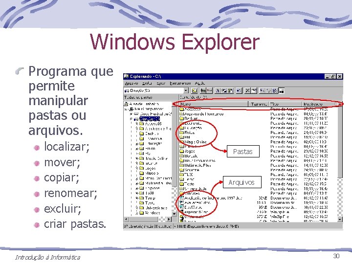 Windows Explorer Programa que permite manipular pastas ou arquivos. localizar; mover; copiar; renomear; excluir;