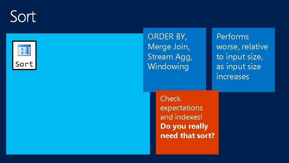 ORDER BY, Merge Join, Stream Agg, Windowing Check expectations and indexes! Do you really