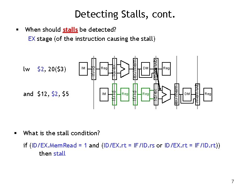 Detecting Stalls, cont. § DM memwb Reg ex/mem Reg memwb IM DM id/ex and