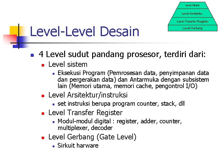 Level Sistem Level Arsitektur Level-Level Desain n Level Transfer Register Level Gerbang 4 Level