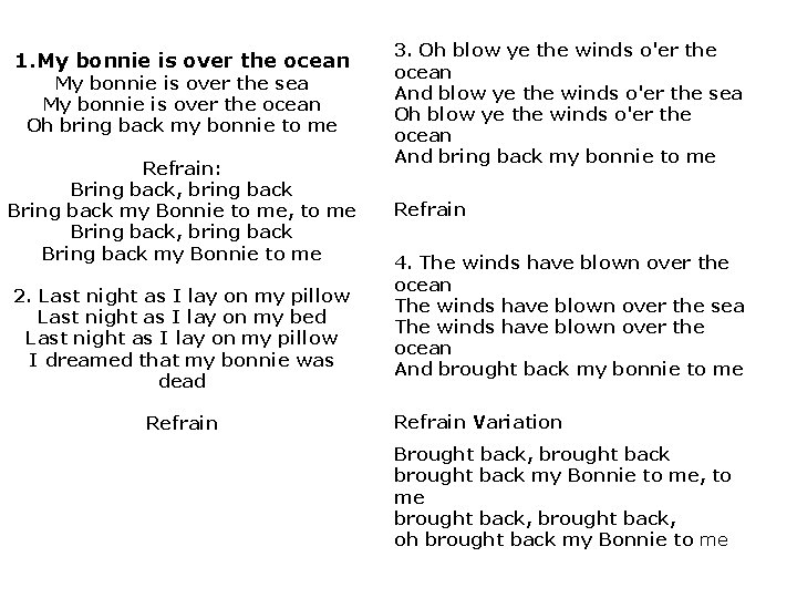 1. My bonnie is over the ocean My bonnie is over the sea My