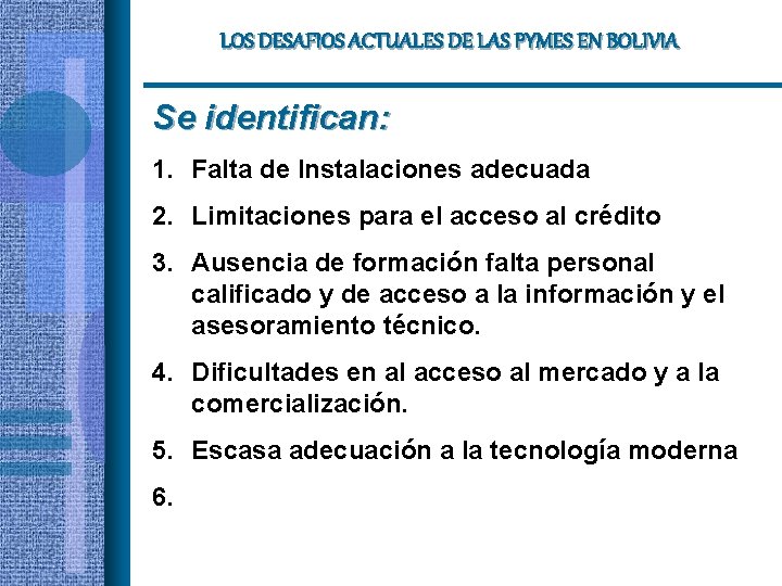 LOS DESAFIOS ACTUALES DE LAS PYMES EN BOLIVIA Se identifican: 1. Falta de Instalaciones