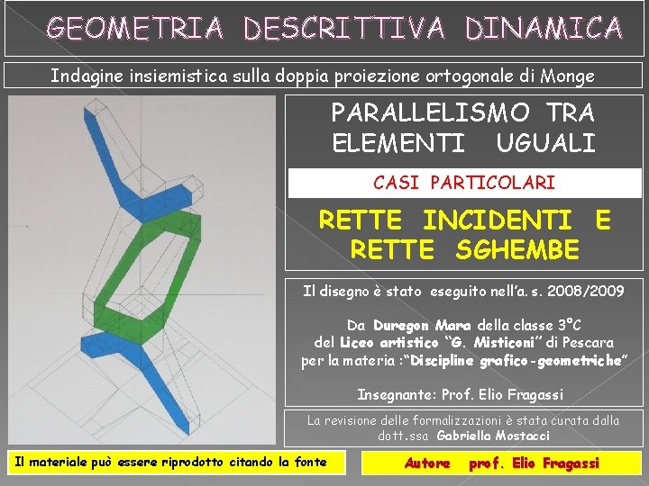 GEOMETRIA DESCRITTIVA DINAMICA Indagine insiemistica sulla doppia proiezione ortogonale di Monge PARALLELISMO TRA ELEMENTI